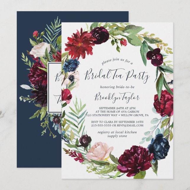 Invitation Jardin d'automne | Burgundy Wreath Bride Tea Party (Devant / Derrière)