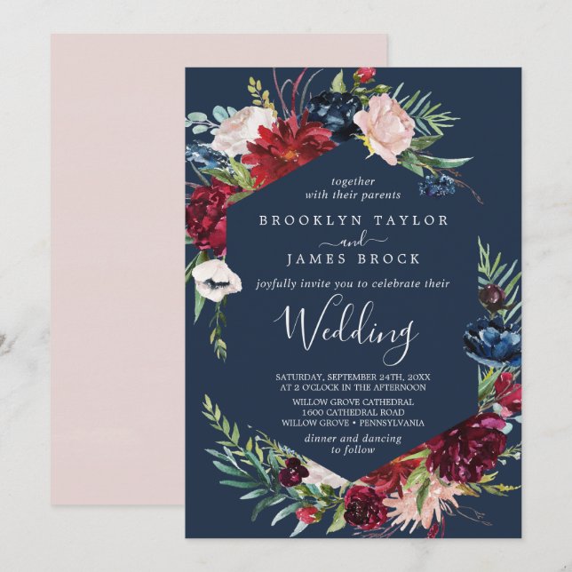 Invitation Jardin d'automne | Mariage bleu marine (Devant / Derrière)