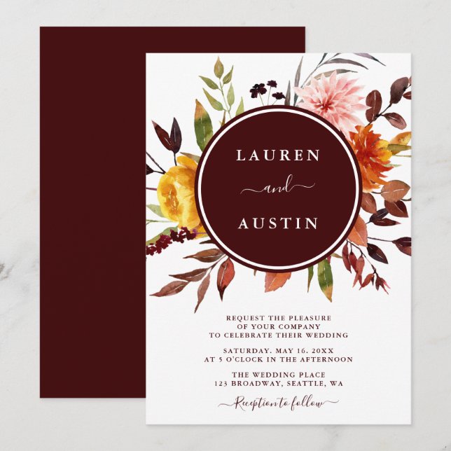 Invitation Jardin d'automne Mariage d'aquarelle de Bourgogne (Devant / Derrière)
