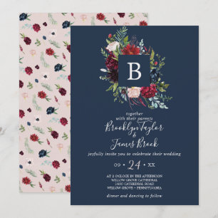 Invitation Jardin d'automne   Mariage de monogramme bleu mari