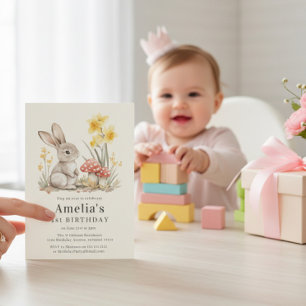 Invitation Jardin de champignons fantaisiste Lapin Premier An