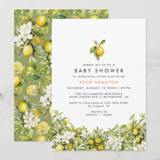 Invitation Jardin de citron jaune vif | Baby shower d'été (Devant / Derrière)