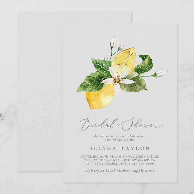 Invitation Jardin de citron moderne | Fête des mariées grise (Devant / Derrière)
