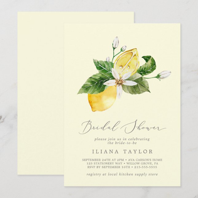 Invitation Jardin de citron moderne | Fête des mariées jaune (Devant / Derrière)