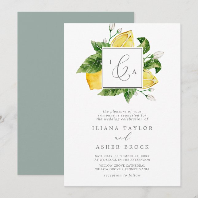Invitation Jardin de citron moderne Mariage de monogramme off (Devant / Derrière)