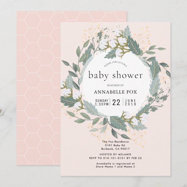 Invitation Jardin de Coton Rose Peach Baby shower de couronne (Devant / Derrière)