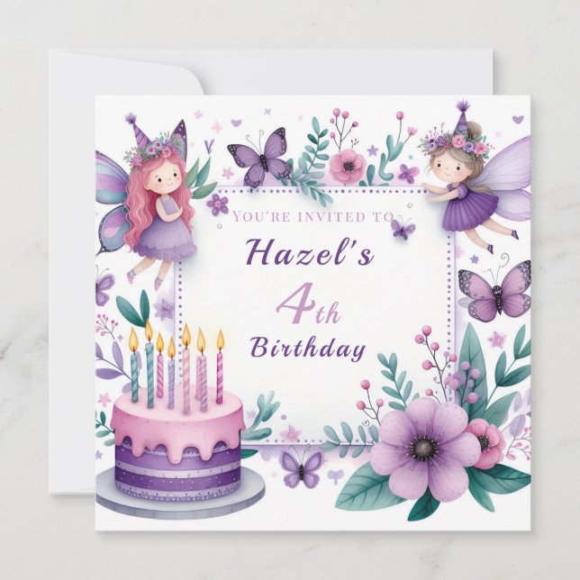 Invitation Jardin de Fée Magique Violet - Anniversaire (Devant)