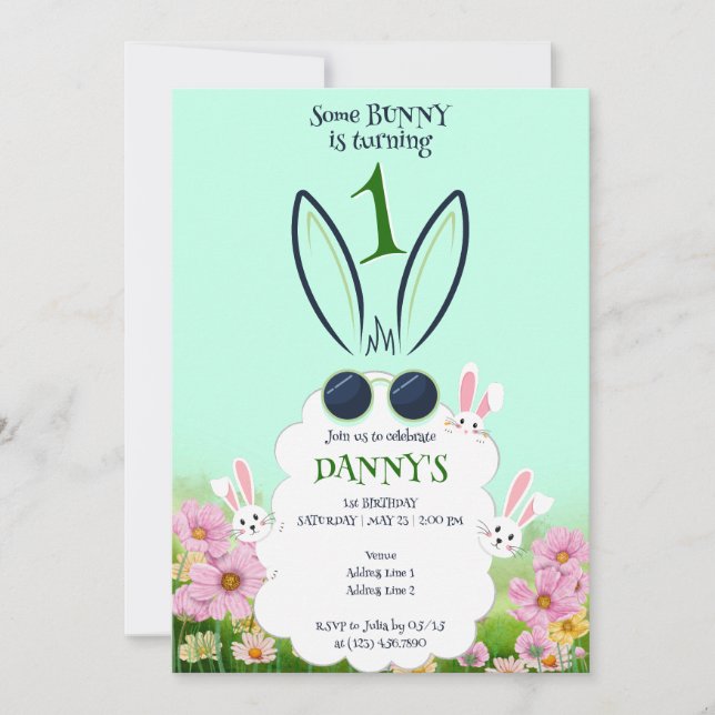 Invitation Jardin de fleurs de lapin vert Printemps été Anniv (Devant)