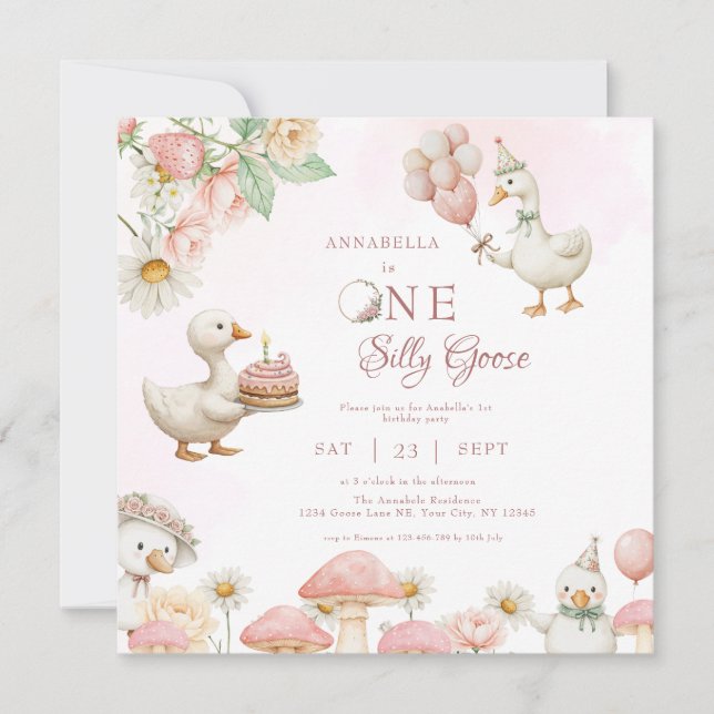 Invitation Jardin de fleurs d'oie soie Champignons 1er annive (Devant)