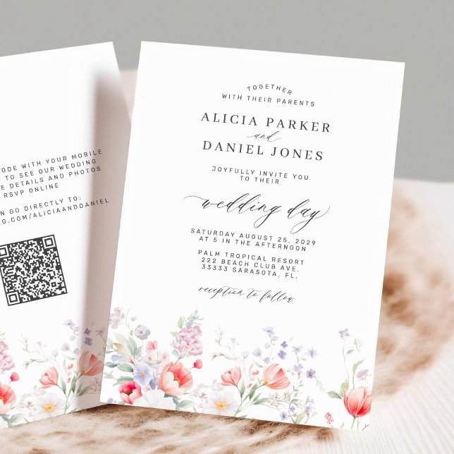 Invitation Jardin de fleurs sauvages élégant code QR RSVP mar (Créateur téléchargé)