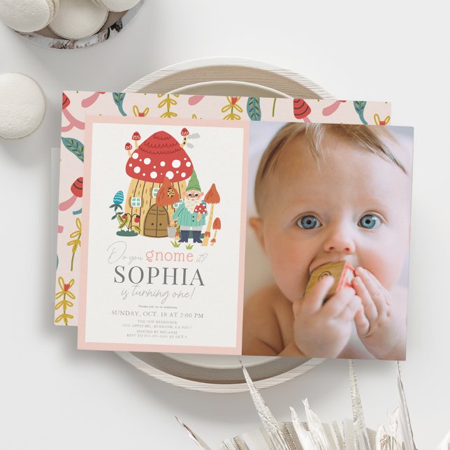 Invitation Jardin de gnome champignon rose 1er anniversaire P (Créateur téléchargé)