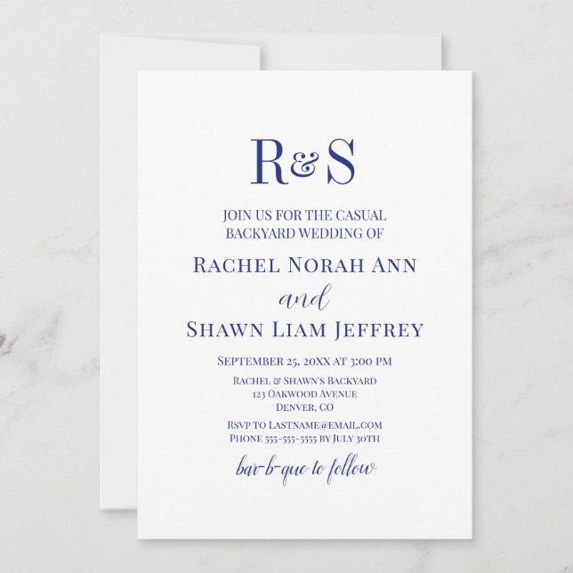 Invitation Jardin de Mariage de Monogramme bleu marine (Devant)