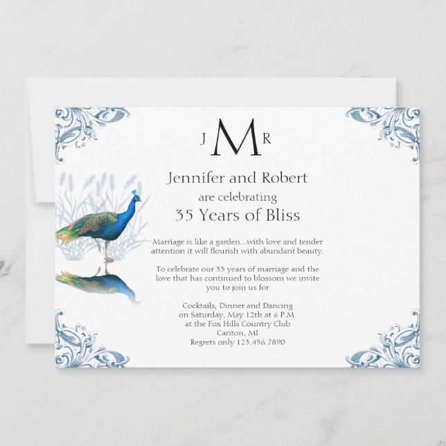 Invitation Jardin de paons pour anniversaire de mariage bleu (Devant)