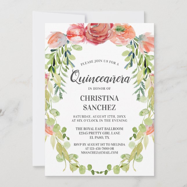 Invitation Jardin de pêche élégant Floral Quinceañera Anniver (Devant)
