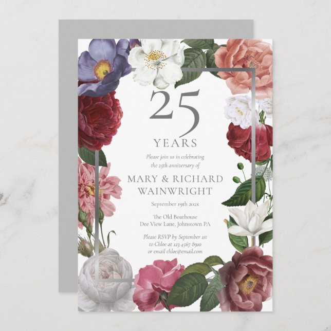 Invitation Jardin de roses pour le 25e anniversaire de mariag (Devant / Derrière)
