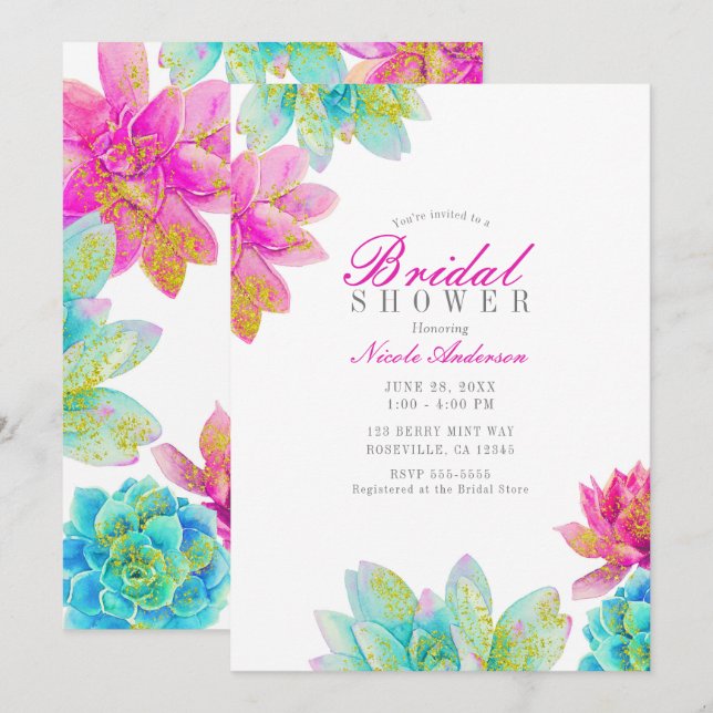 Invitation Jardin de Succulentes Rose Clair et Turquoise Fête (Devant / Derrière)
