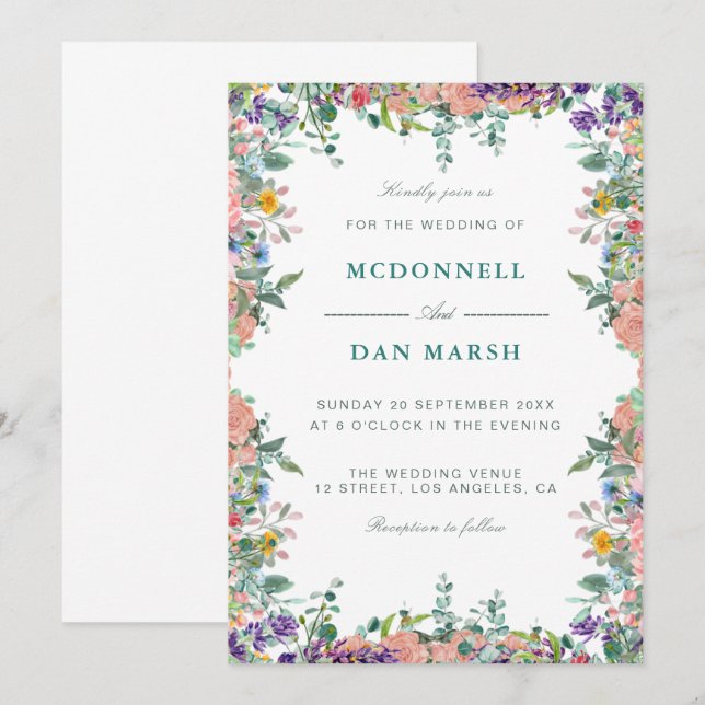 Invitation Jardin d'été Aquarelle Mariage floral (Devant / Derrière)