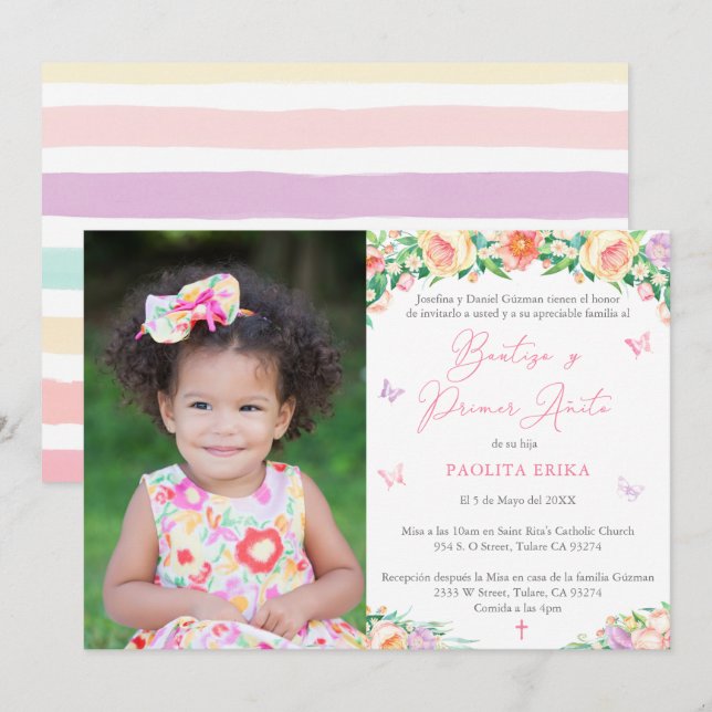 Invitation Jardin d'été Latina Bautizo 1er Anniversaire Baptê (Devant / Derrière)