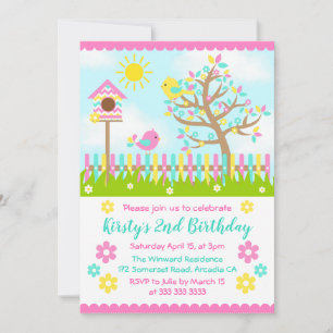 Invitation Jardin d'été mignon et oiseaux Anniversaire