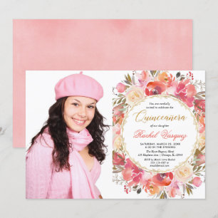 Invitation Jardin en or rose corail floral Quinceanera photo