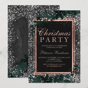 Invitation Jardin en or rose feuille neige tableau noir Noël