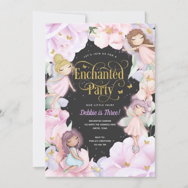 Invitation Jardin enchanté, Fée thème fleurs anniversaire (Devant)