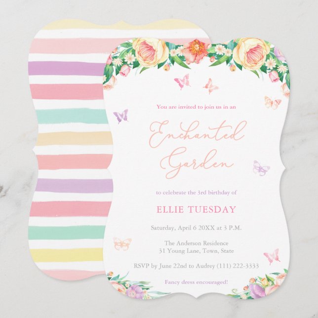 Invitation Jardin enchanté papillon Fille fête d'anniversaire (Devant / Derrière)