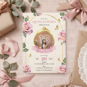 Invitation Jardin enchanté Rose Roses Or Photo Quinceanera