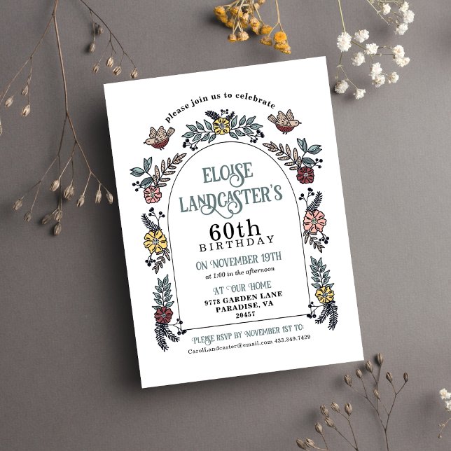 Invitation Jardin et ornithologie Fleur Arc Jalon Anniversair (Floral Garden Arch 60th  Birthday Invitation For Her)