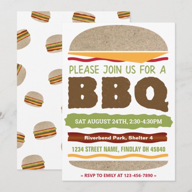 Invitation Jardin Été BBQ Hamburger design (Devant / Derrière)