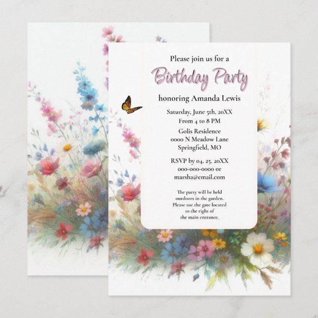 Invitation Jardin Fête d'anniversaire Fleurs sauvages Floral (Devant / Derrière)