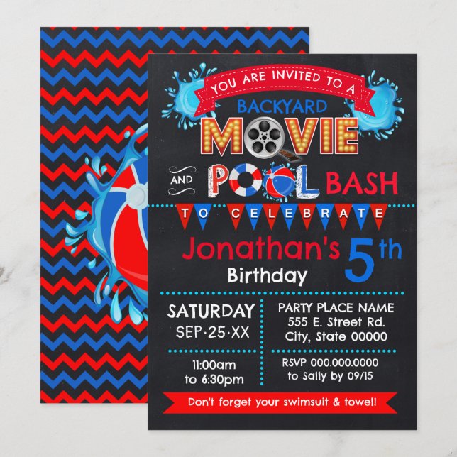 Invitation Jardin Film et piscine Anniversaire Bash (Devant / Derrière)