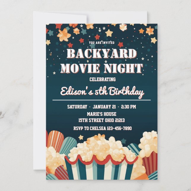 Invitation Jardin Film Nuit PopCorn Anniversaire Fête (Devant)