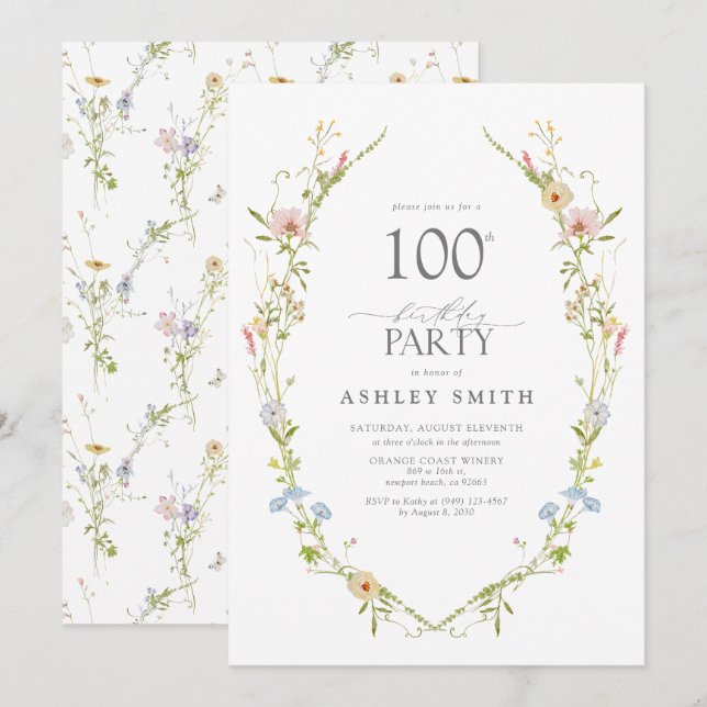 Invitation Jardin fleur sauvage 100e anniversaire de fête aqu (Devant / Derrière)