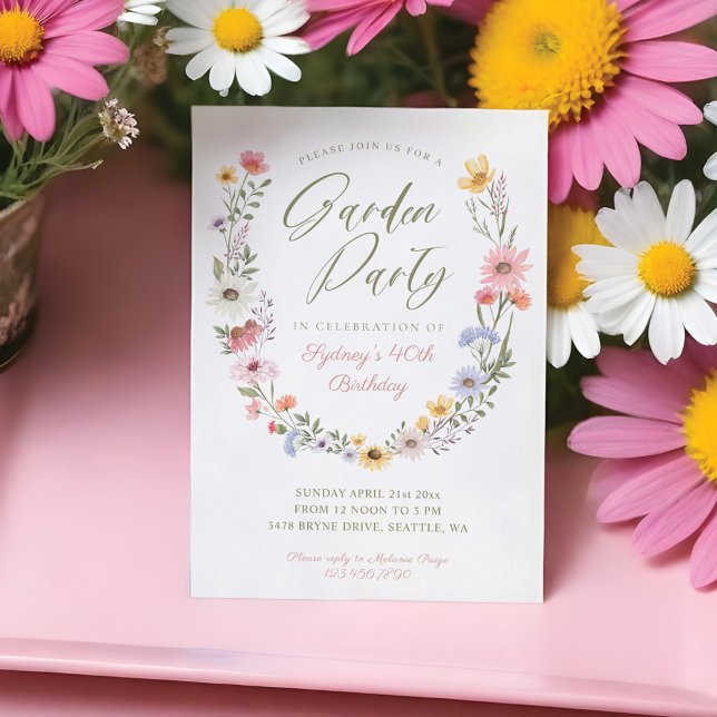 Invitation Jardin Fleur sauvage aquarelle Floral Anniversaire (Garden Party Watercolor Wildflower Floral Birthday Invitation)