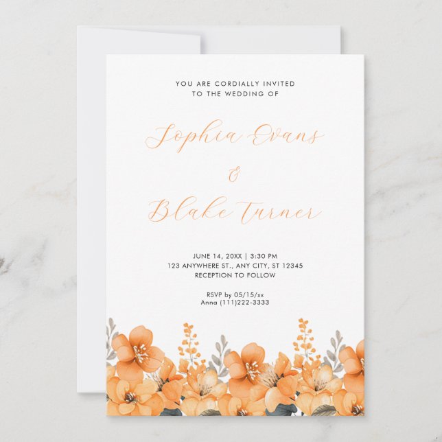 Invitation Jardin Fleur sauvage orange moderne Mariage blanc (Devant)