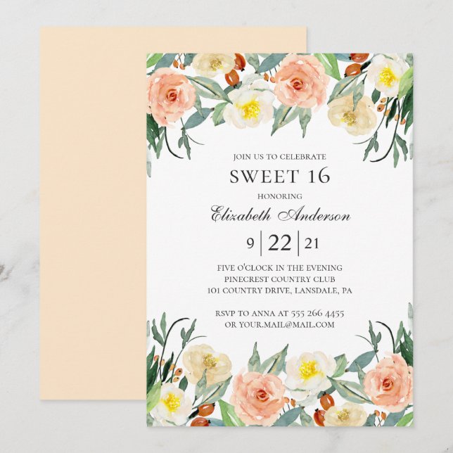 Invitation Jardin fleuri Sweet 16. Fleur blanche 16e annivers (Devant / Derrière)