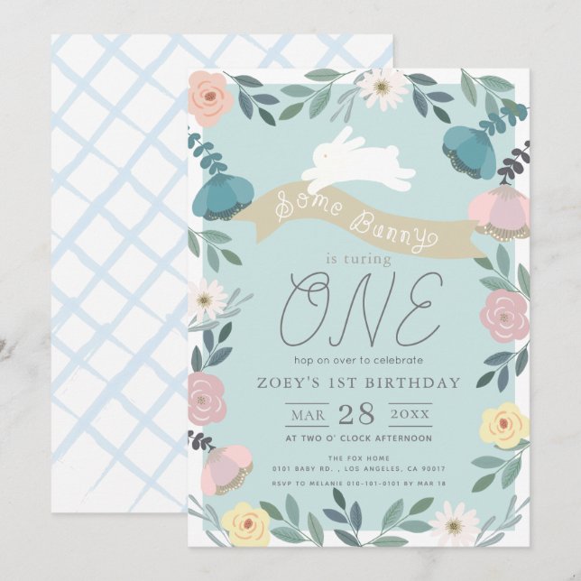 Invitation Jardin Floral Bleu Blanc Lapin Fille 1er anniversa (Devant / Derrière)