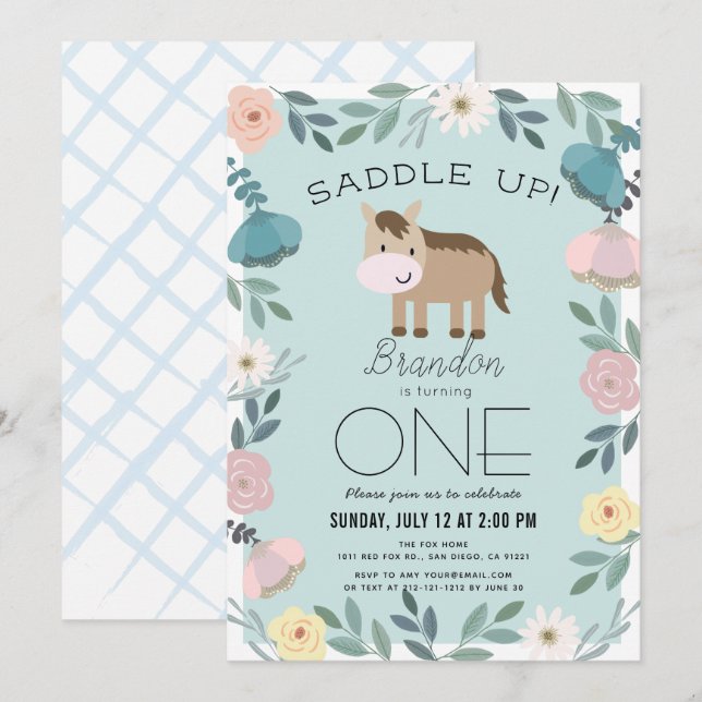 Invitation Jardin Floral Bleu Cheval Garçon 1er Anniversaire (Devant / Derrière)