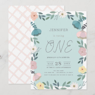 Invitation Jardin Floral Bleu GIrl 1er anniversaire