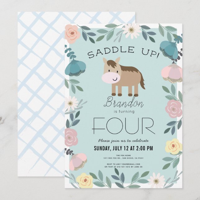 Invitation Jardin Floral Bleu Horse Boy Anniversaire (Devant / Derrière)