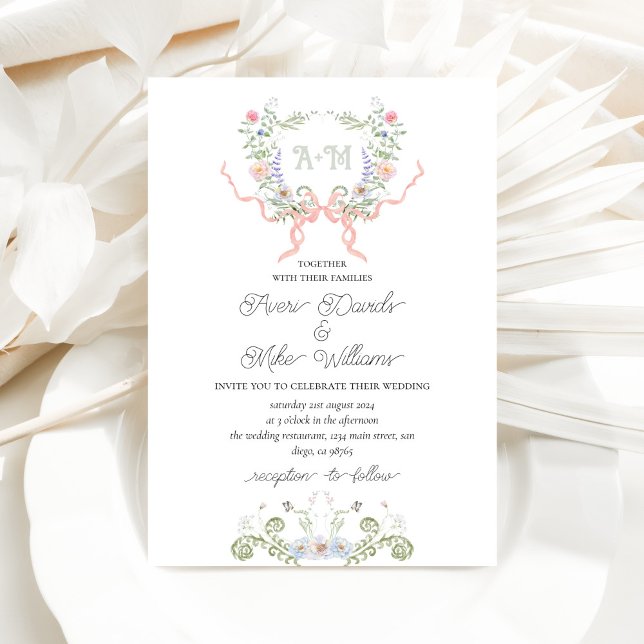 Invitation Jardin Floral Bow Crest Monogramme Mariage moderne (Créateur téléchargé)