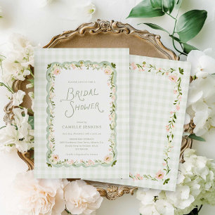 Invitation Jardin Floral de Mariage Gingham Vert Fête Prénupt