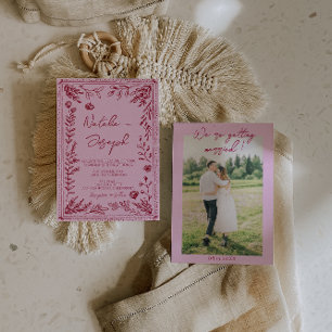 Invitation Jardin Floral Dessiné au Framboise Rose Photo Mari