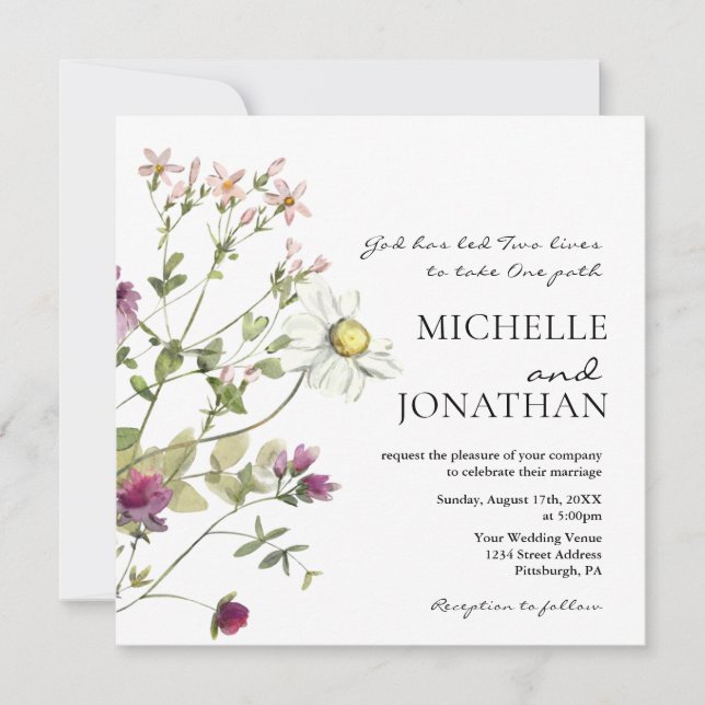 Invitation Jardin Floral Fleur sauvage simple Mariage chrétie (Devant)
