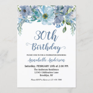 Invitation Jardin Floral gris bleu Aquarelle Script Anniversa