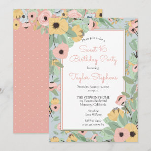 Invitation Jardin Floral rose Bouquet jaune Doux 16 Parti