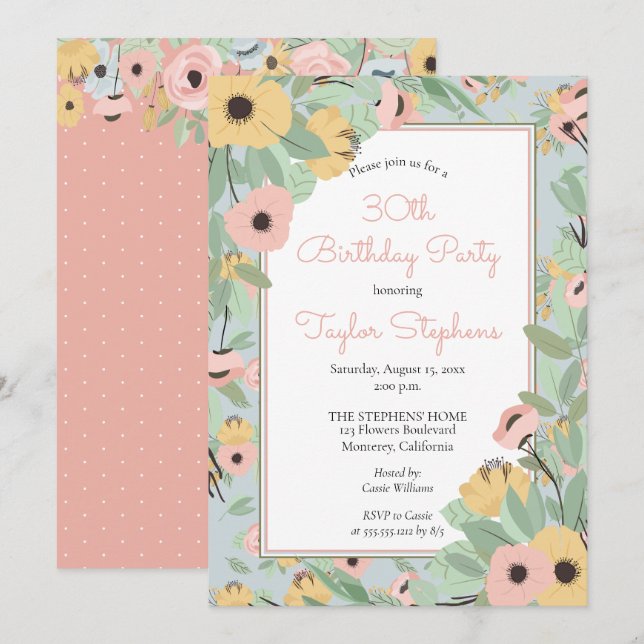 Invitation Jardin Floral rose | Bouquet jaune fête d'annivers (Devant / Derrière)