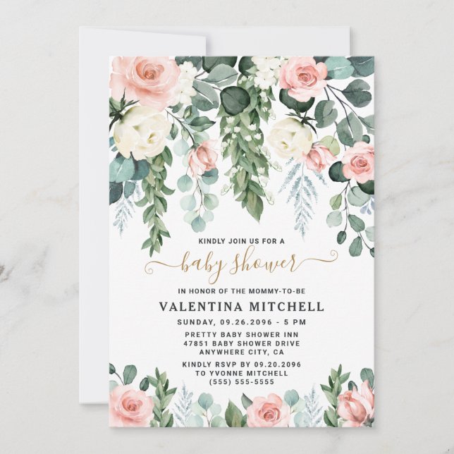 Invitation Jardin floral rose pâle Baby shower d'aquarelle (Devant)