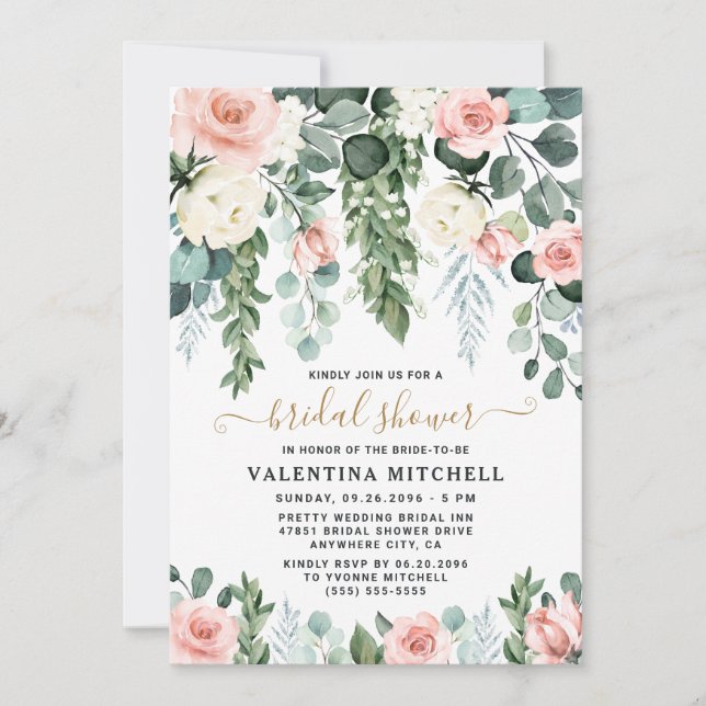 Invitation Jardin floral rose pâle Fête de l'mariée d'aquarel (Devant)